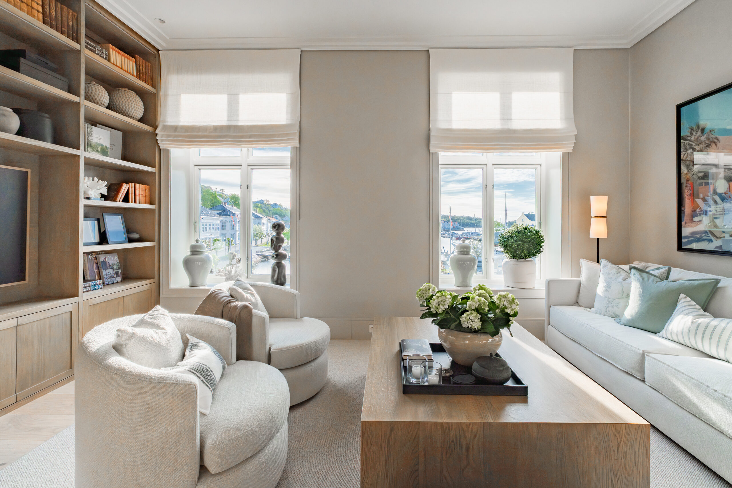 Living room looking out over the harbour square in Risør