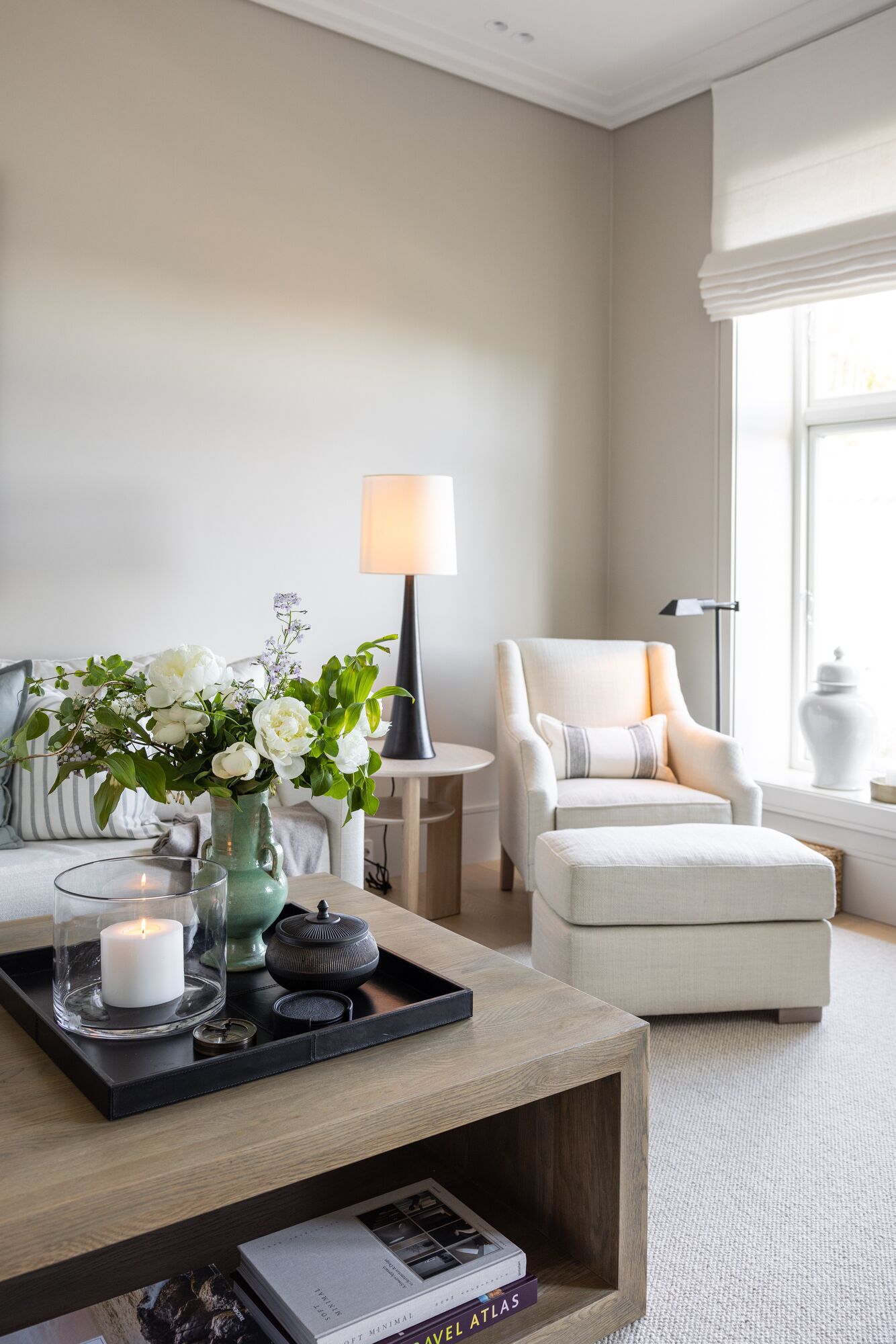 Coffee table with candles and flowers