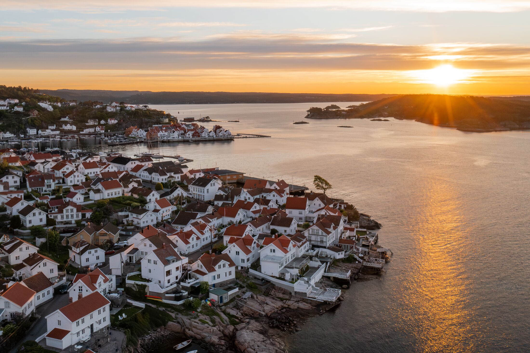 Risør at sunset, the town and the fjord seen from above